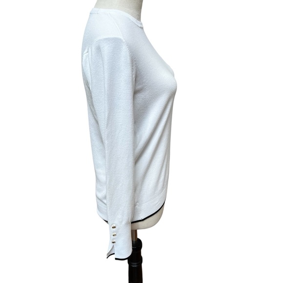 Zara Knit White and Navy Sweater Crew Neck Women’s Size Large Gold Buttons - Picture 2 of 8